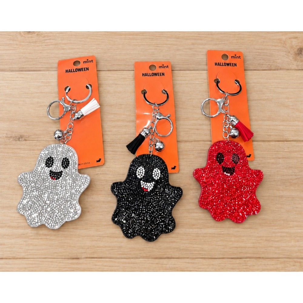 Mint Halloween Rhinestone Ghost Keychain Tassel Bell Silver Black Red Set of 3